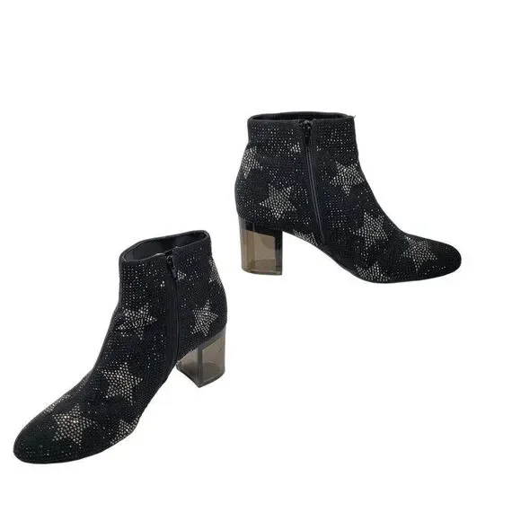 INC Floriann5 Ankle Booties 10 Black Sparkle‎ Silver Star Chunky Heel Holiday - Picture 11 of 11